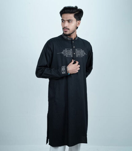 Premium Embroidered Cup Sleeve Panjabi - Black